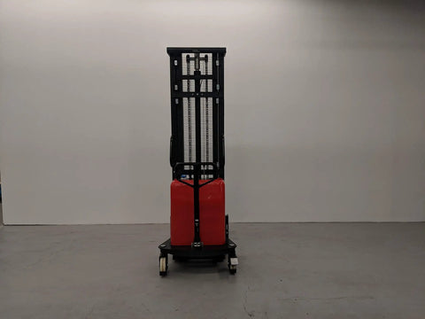 Heavy Duty Thin Leg Semi Electric Pallet Stacker 2204 Lbs Capacity 138 Inch Lift Height 110V Plug in front view with red base.