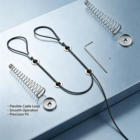 Heavy Duty Black Stainless Steel Gate Latch Cable Pull Kit With Spring Tension Adjustment showing flexible cable loop and precision fit springs.