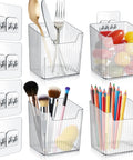 Four Pack Clear Wall Mount Organizers With Super Strong Adhesive Perfect For Kitchen Cabinets And Pantries Food Grade Storage Bins. Set of stackable bins with utensils, fruits, and art supplies.