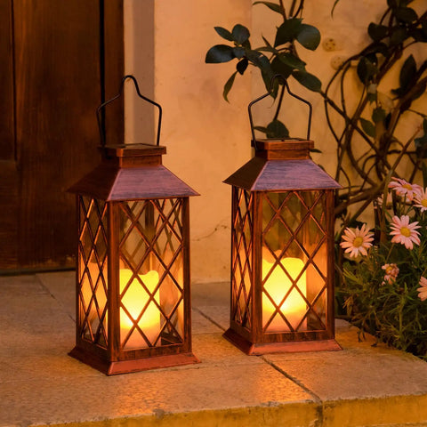 10 Inch Solar Outdoor Lanterns Set Waterproof Flickering Flameless Candles For Patio Garden Yard Party Decor In Antique Copper