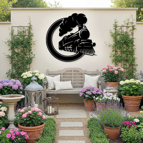 Steam Locomotive Metal Sign Wall Art Solid Iron Silhouette Badass Industrial Railroad Themed Decor displayed outdoors on a wall