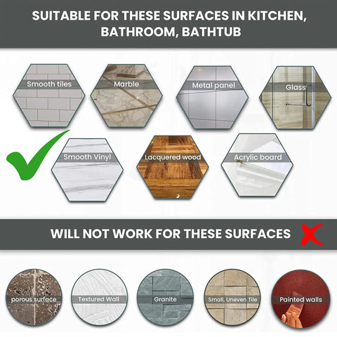 Suitable surfaces for no slip suction grab bars: smooth tiles, marble, metal panel, glass, vinyl, lacquered wood, acrylic.
