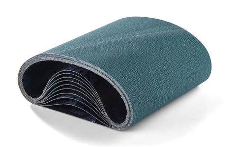8 By 19 Inch Floor Sander Sand Belt 60 Grit EZ 8 Bi Directional Purple Resin Bond Cloth X Weight Industrial Grade Replacement Belt Bulk Lot Of 10 For EZ 8 Floor Machines, rolled stack on white background.