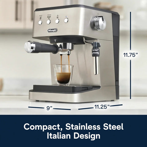 Top Notch Stainless Steel Espresso Machine With Built In Milk Frother For Killer Homemade Lattes And Smooth Cappuccinos Powered By Consistent Nine Bar Pressure And Zero Effort Auto Stop Settings Anytime, compact design brewing espresso.