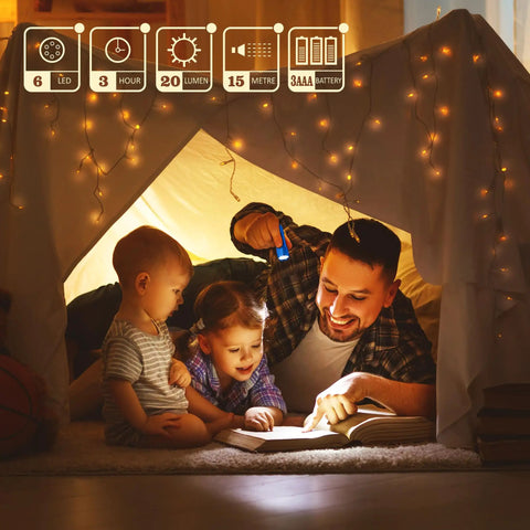 A family reading under a blanket fort, illuminated by 20-Pack Aluminum 6-LED Flashlights Set With Lanyard, AAA Batteries Included And Pre-Installed.
