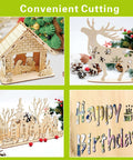 Front view: basswood laser-cut craft set including nativity house, reindeer, village scene, Happy Birthday sign.