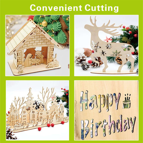Front view: basswood laser-cut craft set including nativity house, reindeer, village scene, Happy Birthday sign.