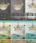 Dope 36 Inch Dimmable Crystal Ceiling Fan With Retractable Blades Modern Fandelier Light Fixture showcasing light color options