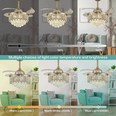 Dope 36 Inch Dimmable Crystal Ceiling Fan With Retractable Blades Modern Fandelier Light Fixture showcasing light color options