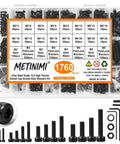 1760 Piece Nuts And Bolts Kit With M2 M3 M4 M5 Screws, black zinc rust-proof, in open box with hex wrenches and washers