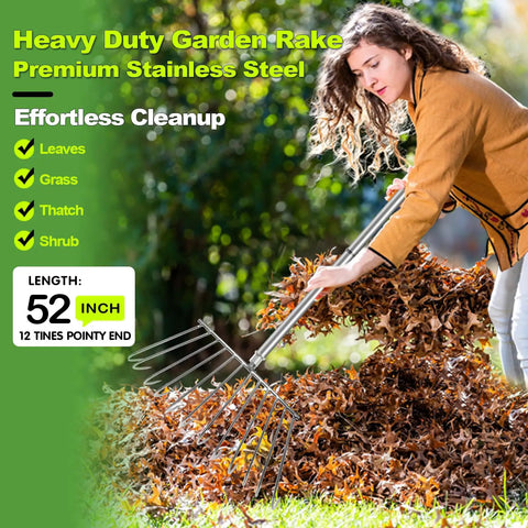 Heavy Duty Stainless Steel Lawn Rake With Extended Handle For Leaves Debris Thatch Dethatcher And Weed Removal In Gardens And Lawns