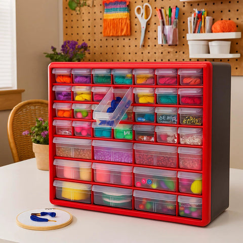 44 Drawer Plastic Storage Cabinet For Garage Organization And Bead And Small Parts Organizer, red, on desk in craft room