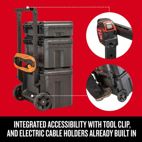 TradeStack Rolling Tower Storage System With 22 Inch Capacity, Easy Drop And Lock Stacking, shown with additional tool clip and cable holders