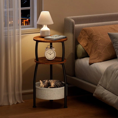 3 Tier Round Side Table With Storage Basket 24 Inch Tall Rustic Brown Space Saving End Table For Tight Spaces bedside with lamp