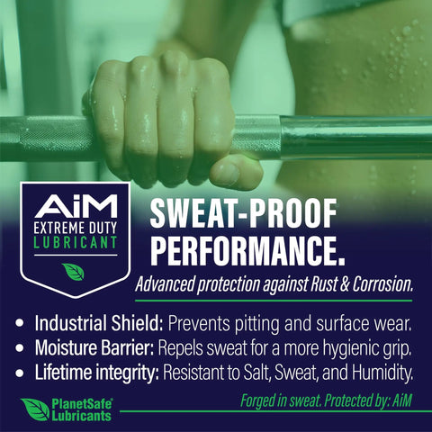 Hand holding gym bar with AiM Extreme Duty Lubricant for Gym And Home Maintenance Kit For Equipment Lubrication.