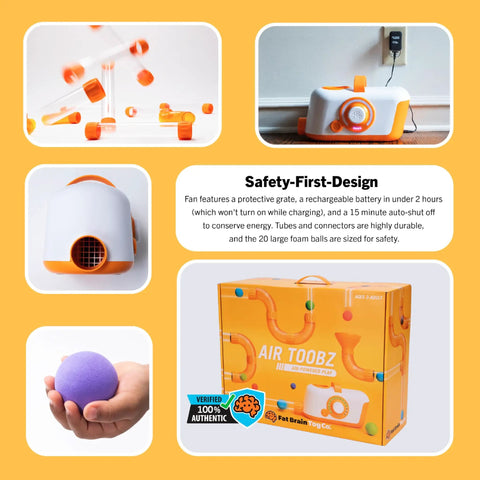 Air Toobz Original Air Powered STEM Building Toy For Kids And Teens, packaging with modular tubes, fan, and foam balls visible