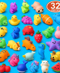 Premium Total Knockout 32 Pack Mochi Squishy Toys Kawaii Animals colorful assortment on blue background.