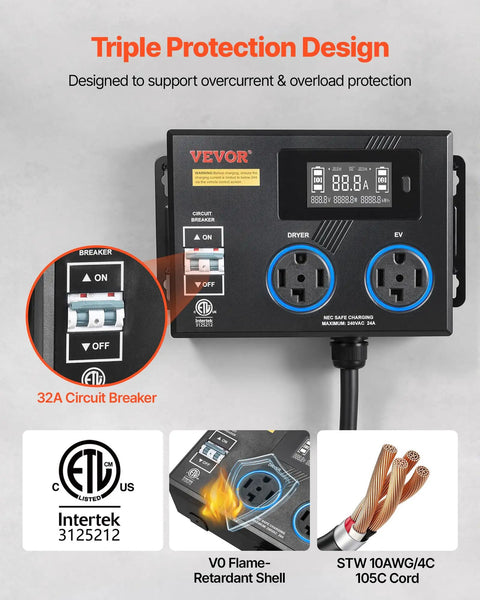Top Tier EV Charger Splitter Switch Nema 14 30 Straight Up Reliable Dual Outlet Power Hub with 32A Circuit Breaker and screen.