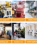 Image collage showing heavy equipment, logistics with a truck, display shelves, clothing rack, furniture rack, and medical uses.