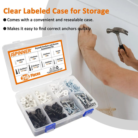 250 Piece Drywall Anchors And Screws Kit Nylon And Zinc Self Drilling Wall Anchors with labeled case for Sheetrock mounting
