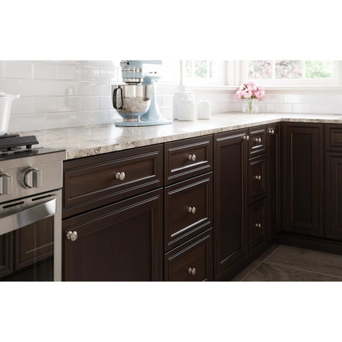 10-Pack Satin Nickel Cabinet Knobs Set One And One Eighth Inch Round With Simple Double Ring installed on dark wood kitchen cabinets