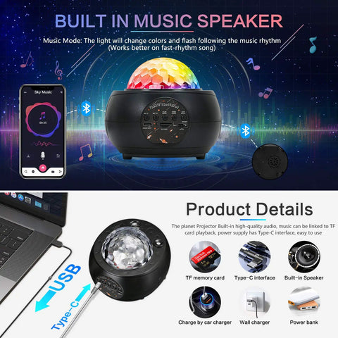 Planet Night Light Projector For Kids with Bluetooth speaker, USB and Type-C connectivity, featuring star and planet ceiling projections.