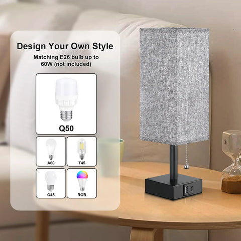 Gray Bedside Lamp With Dual USB Ports USB C And USB A For Nightstand Or Small Desk, bulb options listed, bulb not included