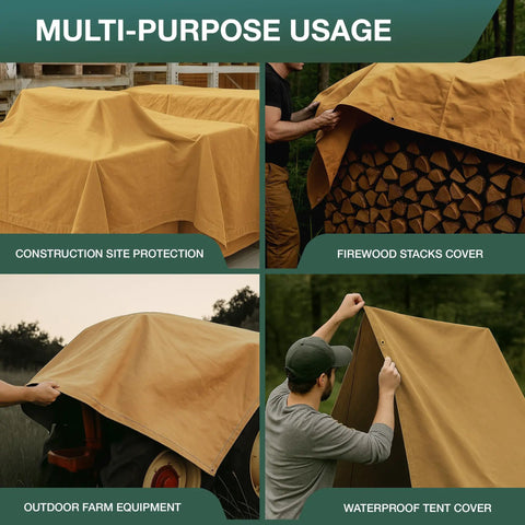 Waterproof Waxed Canvas Tarp Cover 8x10 Ft Heavy Duty Duck Cloth With Rustproof Brass Grommets for multiple outdoor uses