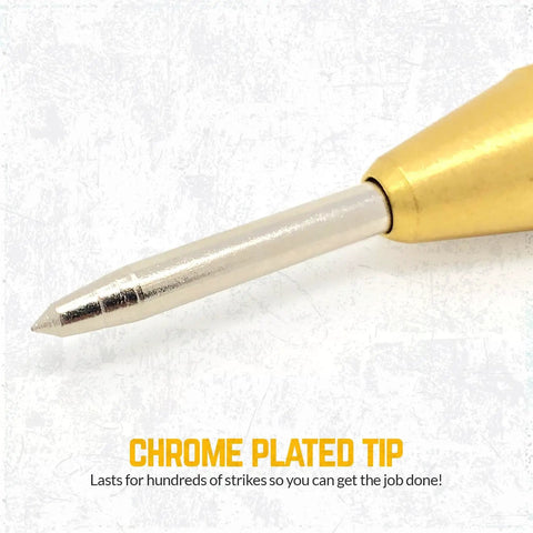 Close-up of spring loaded brass center punch auto 5 inch with adjustable tension hand tool showing chrome plated tip.