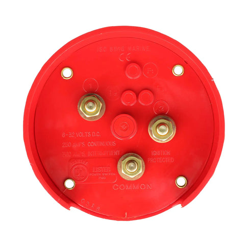Red Dual Battery Selector Switch For Boats And RVs Disconnect Isolator Cutoff base with terminals and specifications.