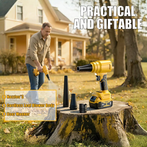 Beast Cordless Leaf And Dust Blower With 20V Battery brushless high-speed motor displayed on a tree stump with nozzles outdoors