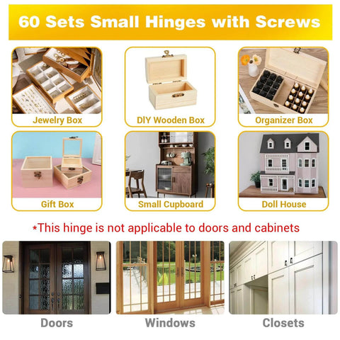 Image showing the use of 60 Sets Mini Hinges With Screws Kit For DIY Projects 0.6 Inch 270 Degree Folding Iron Hinges, applicable for jewelry boxes and small wooden boxes.