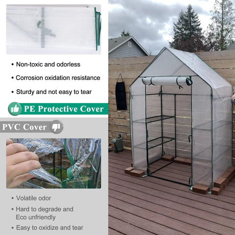 Portable Walk In Greenhouse For Outdoors With Roll Up Zipper Door And UV Resistant Cover Three Tier Shelving Anchors Easy Setup Keeps Ideal Heat And Humidity For Extending Your Growing Season