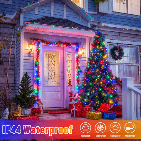 Outdoor house decorated with 2 Pack Solar String Lights 100 LEDs Over 32.8 Feet Multicolor Waterproof Outdoor Decor For Garden Wedding Party Home Christmas Tree Curtains And More 8 Modes Solar Powered No Outlet Needed.