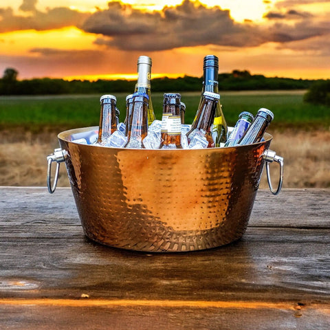Insulated Rose Copper Double Wall Ice Bucket For Parties And Entertaining, Leak Proof Champagne And Wine Cooler With Sturdy Handles