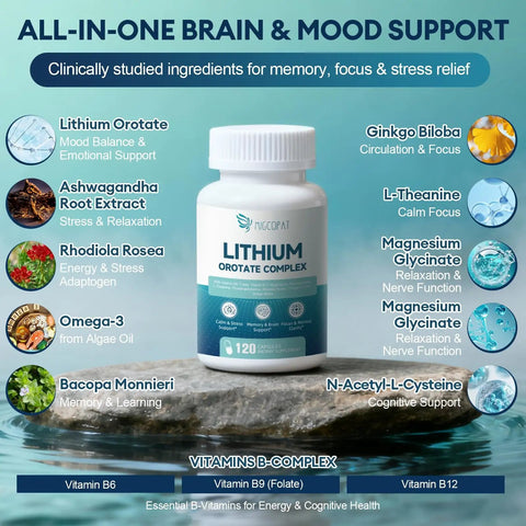 7 In 1 Brain Boost Stack With Magnesium Glycinate And Lithium Orotate 10 Mg Ashwagandha NAC And Omega 3 For Mood Boost Focus Memory Support Non GMO Vegan Capsules bottle.