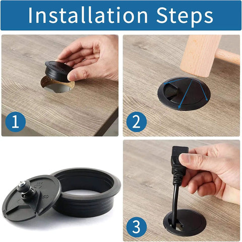 Installation steps of 2 Inch Desk Grommet Kit With Bi Metal Hole Saw, 50mm Hole Cover, Cord Wrap, And 2M Cable Sleeve Organizer