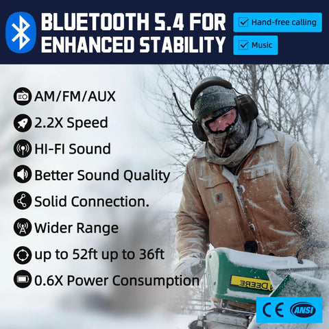 Person using 033 Upgraded Bluetooth 5.4 Hearing Protection Headphones With FM AM Radio OSHA Compliant 25dB NRR Earmuffs in snow.