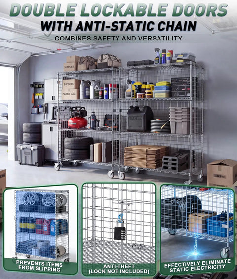 Heavy Duty Chrome Wire Security Cart Nsf Listed Mobile Storage Cage Kit Built Like A Tank For Warehouse Grocery Storage Featuring Rock Solid Mesh Design With Adjustable Shelves Handling Fifteen Hundred Pounds Daily Game Changer with Double Lockable Doors