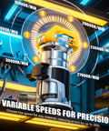 Cordless Compact Router With 800W Brushless Motor, showcasing 6 variable speeds, displayed on a workshop shelf.