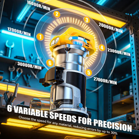 Cordless Compact Router With 800W Brushless Motor, showcasing 6 variable speeds, displayed on a workshop shelf.