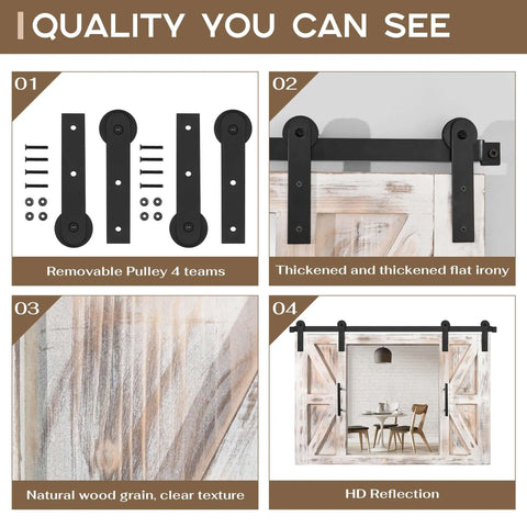 Hardware and details of Farmhouse Barn Door Mirror With Rustic Wood Frame 37 By 26 Inches Wall Decor For various rooms.