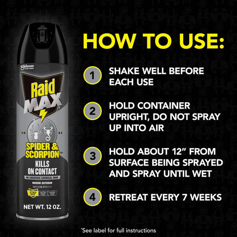 Spider And Scorpion Killer Spray For Indoor And Outdoor Use That Kills Spiders Scorpions Ants Roaches Waterbugs Earwigs No Lingering Odor 12 oz with usage instructions on label