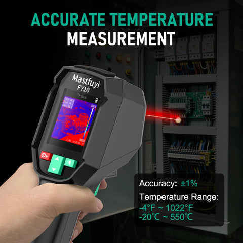 Handheld infrared camera in use, displaying high resolution 240x240 thermal image, 25 Hz refresh rate, for quick fault detection.