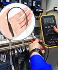 Flexible Spoon Back Probe Kit, Two Piece Silicone Back Probe Pins For 4mm Banana Plug Leads, shown with multimeter usage.