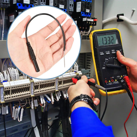 Flexible Spoon Back Probe Kit, Two Piece Silicone Back Probe Pins For 4mm Banana Plug Leads, shown with multimeter usage.
