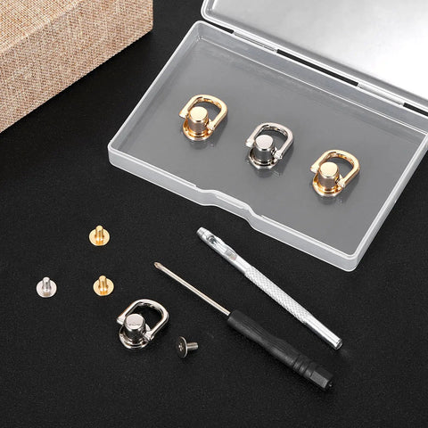 4 Pcs D Ring Hardware Kit For Purses And Bags 360 Degree Rotatable D Ring Studs And Screw Ball Rivets with tools on black surface