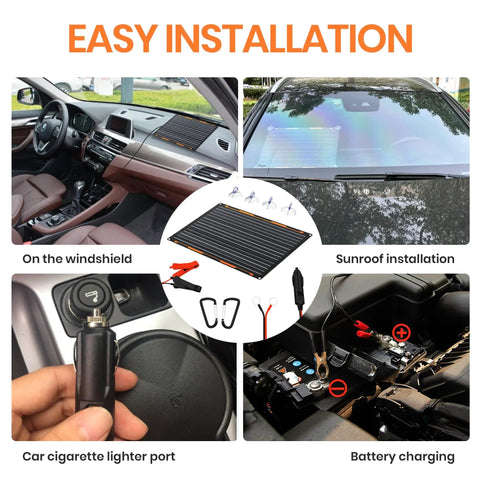 20W 12V Solar Panel Charger Kit With Built In Charge Controller for car and boat shown in various installations