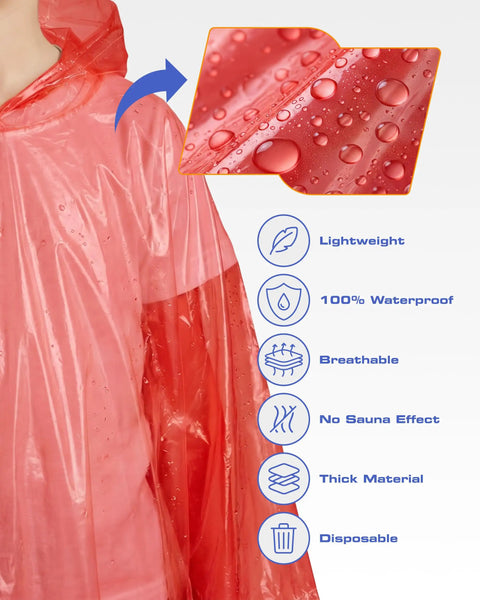 Disposable Rain Ponchos For Adults 5 Pack Hooded Full-Size 48 X 40 Inches highlighting waterproof red material