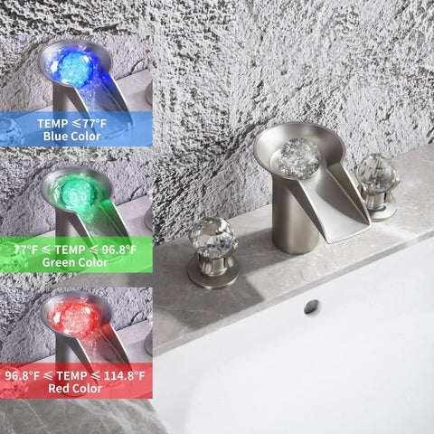 Waterfall Bathroom Sink Faucet with LED Crystal Ball, Deck Mount 3 Hole, Double Handle Brushed Nickel, Free Floating Orb Design